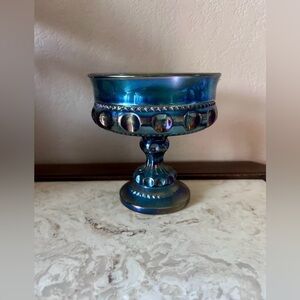 Vintage Iridescent Blue Carnival Glass Thumbprint Pedestal Compote Dish Bowl 5"
